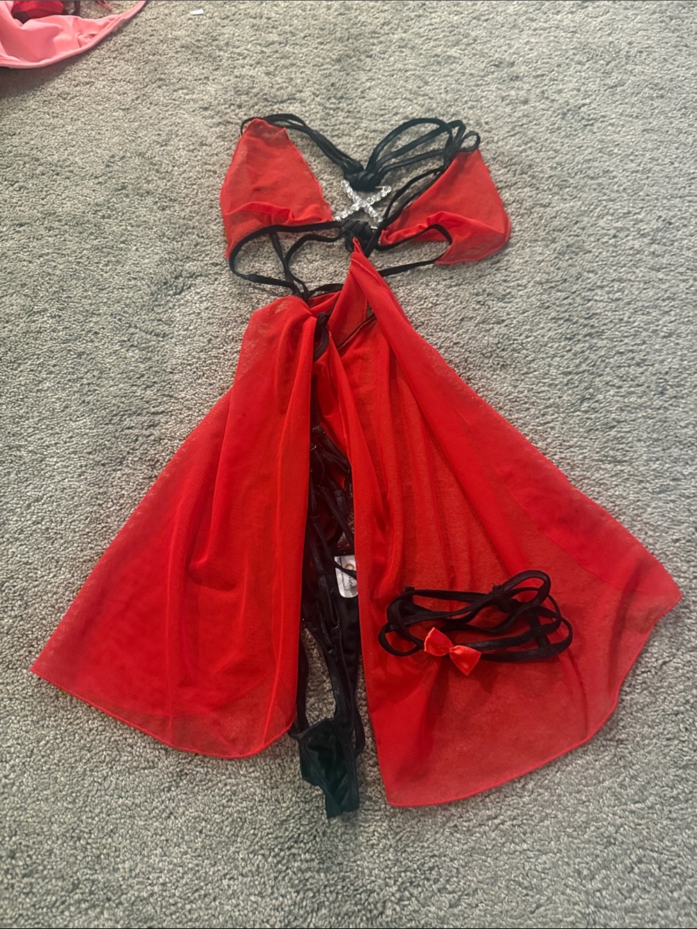 Sheer Red Strappy Chemise with Black Trim